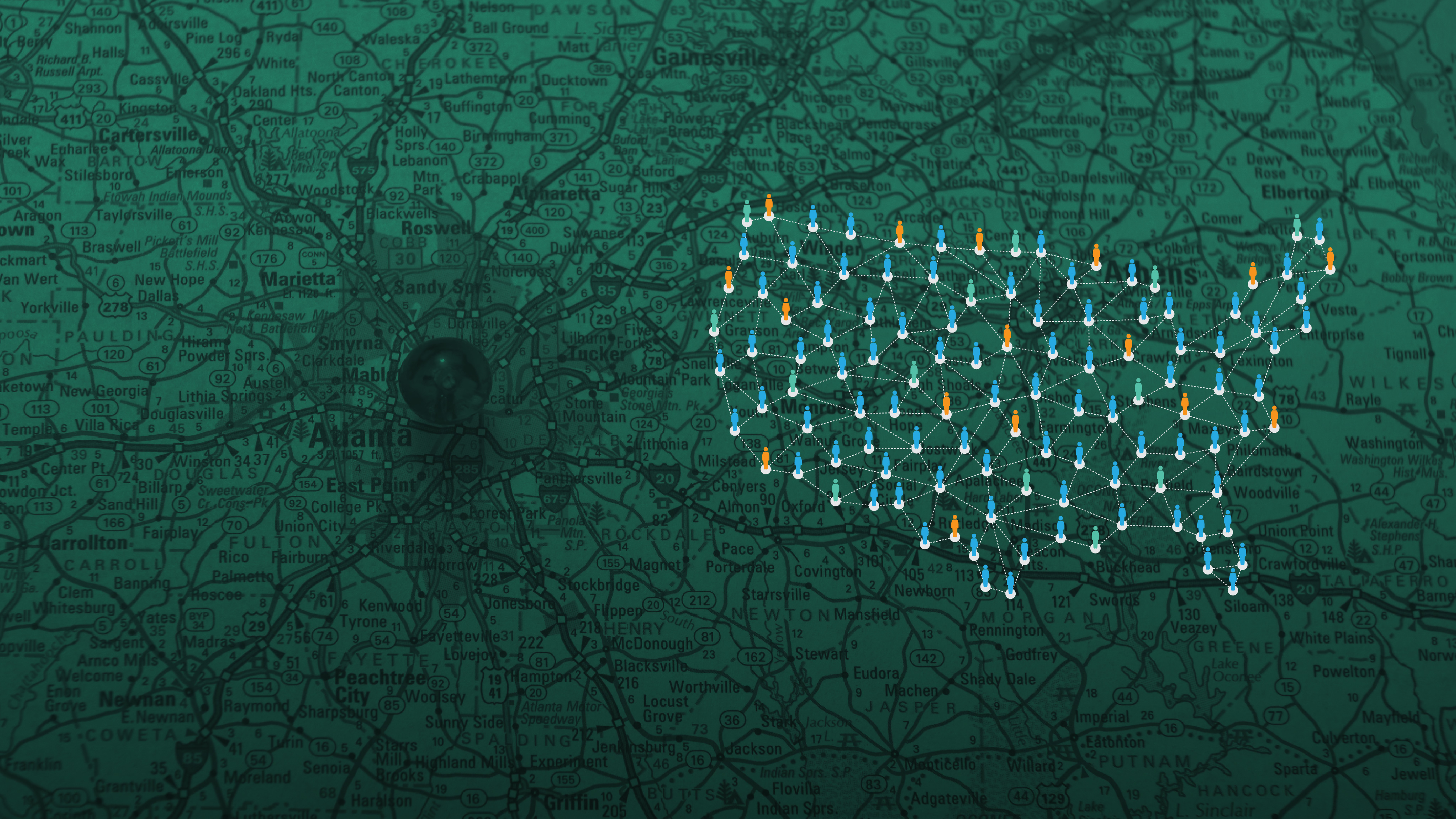 Road map of Georgia, with a graphic overlay of networked people