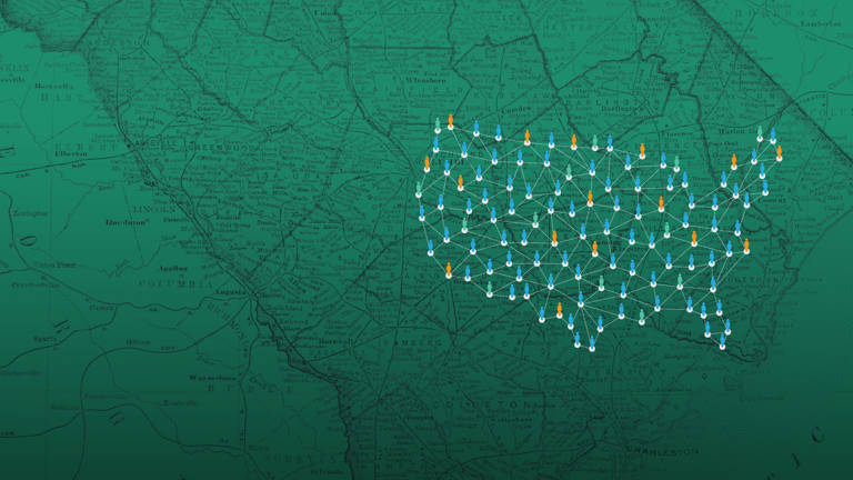 Road map of South Carolina, with a graphic overlay of networked people